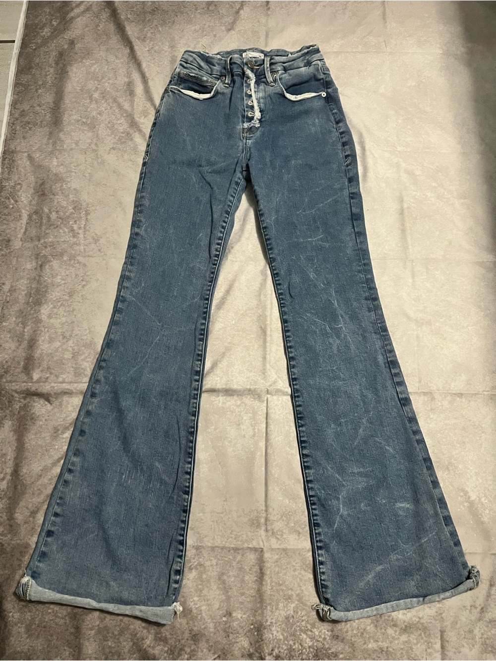Good American Dark Blue Flare Jeans with Button-Fly